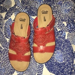 Red Clark’s sandals, size 9
